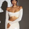 Adele Velvet Off-Shoulder Ruched Crop Top i ivory Adele Velvet Off-Shoulder Ruched Crop Top i ivory