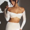 Adele Velvet Off-Shoulder Ruched Crop Top i ivory Adele Velvet Off-Shoulder Ruched Crop Top i ivory
