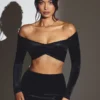 Adele Velvet Off-Shoulder Ruched Crop Top i Jet Black Adele Velvet Off-Shoulder Ruched Crop Top i Jet Black
