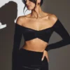 Adele Velvet Off-Shoulder Ruched Crop Top i Jet Black Adele Velvet Off-Shoulder Ruched Crop Top i Jet Black
