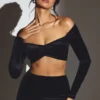 Adele Velvet Off-Shoulder Ruched Crop Top i Jet Black Adele Velvet Off-Shoulder Ruched Crop Top i Jet Black