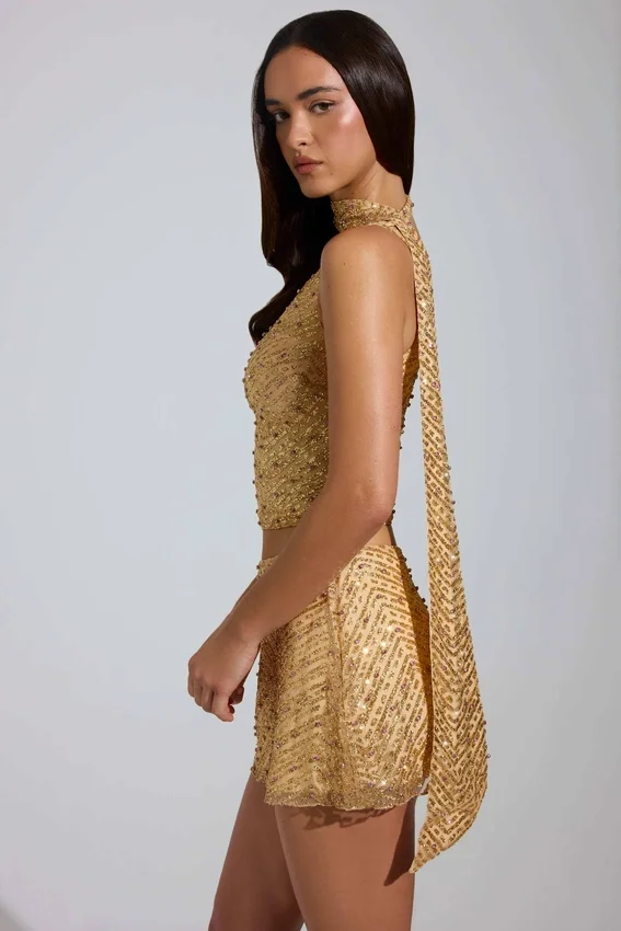 Adhara Embellished Low-Rise A-Line Micro Mini Kjolar i guld Adhara Embellished Low-Rise A-Line Micro Mini Kjolar i guld