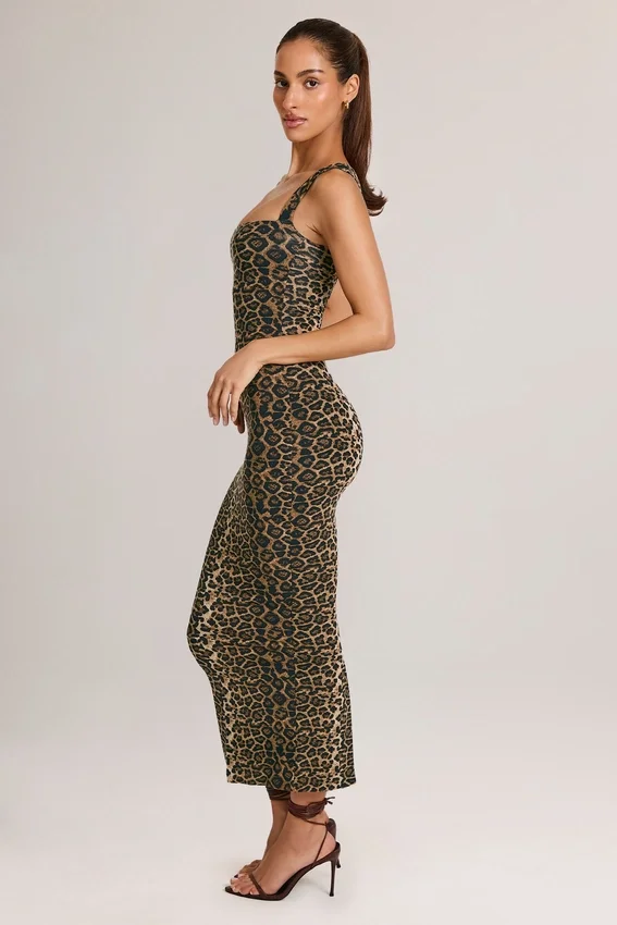 Ainslee Modal Bodycon-midiklänning med fyrkantig halsringning i leopardmönster Ainslee Modal Bodycon-midiklänning med fyrkantig halsringning i leopardmönster