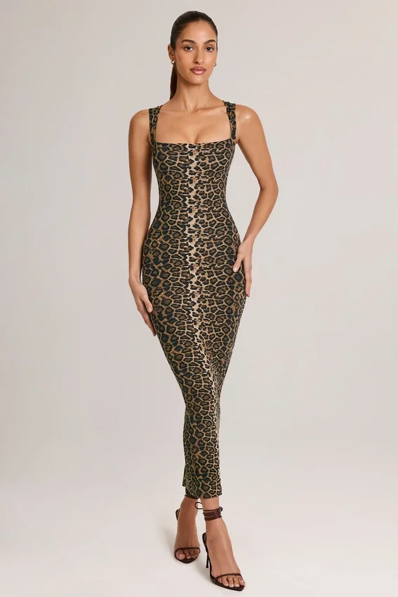 Ainslee Modal Bodycon-midiklänning med fyrkantig halsringning i leopardmönster Ainslee Modal Bodycon-midiklänning med fyrkantig halsringning i leopardmönster