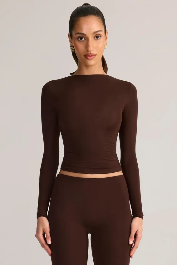 Alia Modal Ruched långärmad topp i chokladbrunt Alia Modal Ruched långärmad topp i chokladbrunt
