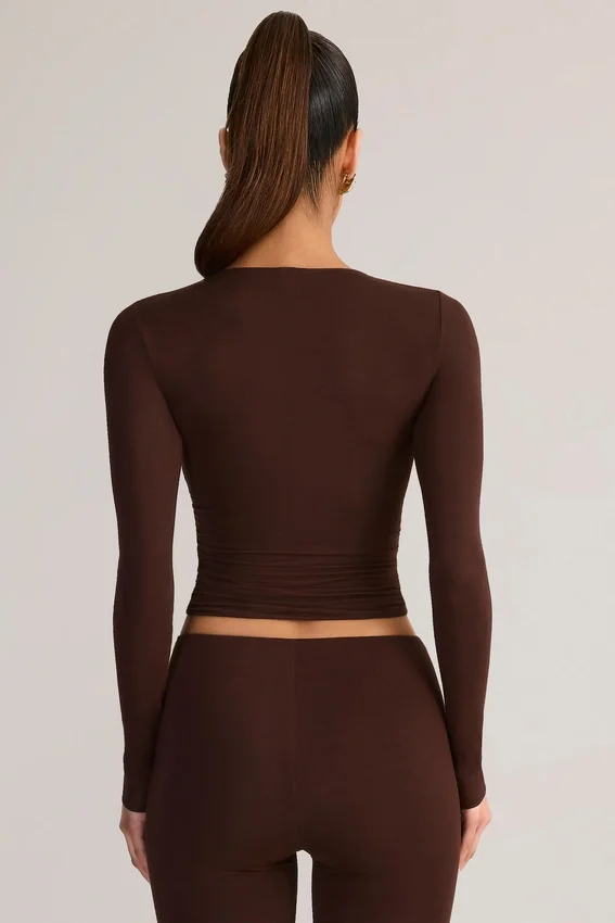 Alia Modal Ruched långärmad topp i chokladbrunt Alia Modal Ruched långärmad topp i chokladbrunt