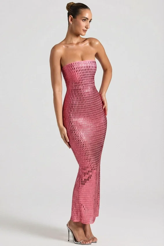 Amaya Embellished Strapless Bandeau Maxi Klänning i Watermelon Amaya Embellished Strapless Bandeau Maxi Klänning i Watermelon