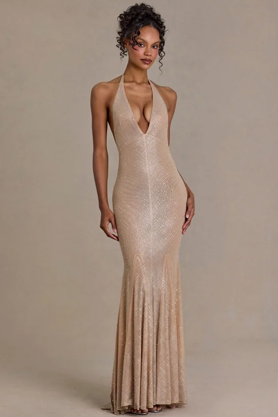 Ameline Premium Embellished Plunge-Neck Open-Back Gown i beige guld Ameline Premium Embellished Plunge-Neck Open-Back Gown i beige guld