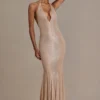 Ameline Premium Embellished Plunge-Neck Open-Back Gown i beige guld Ameline Premium Embellished Plunge-Neck Open-Back Gown i beige guld