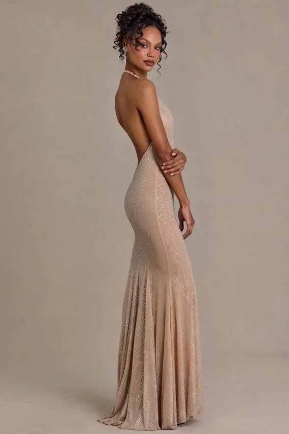 Ameline Premium Embellished Plunge-Neck Open-Back Gown i beige guld Ameline Premium Embellished Plunge-Neck Open-Back Gown i beige guld