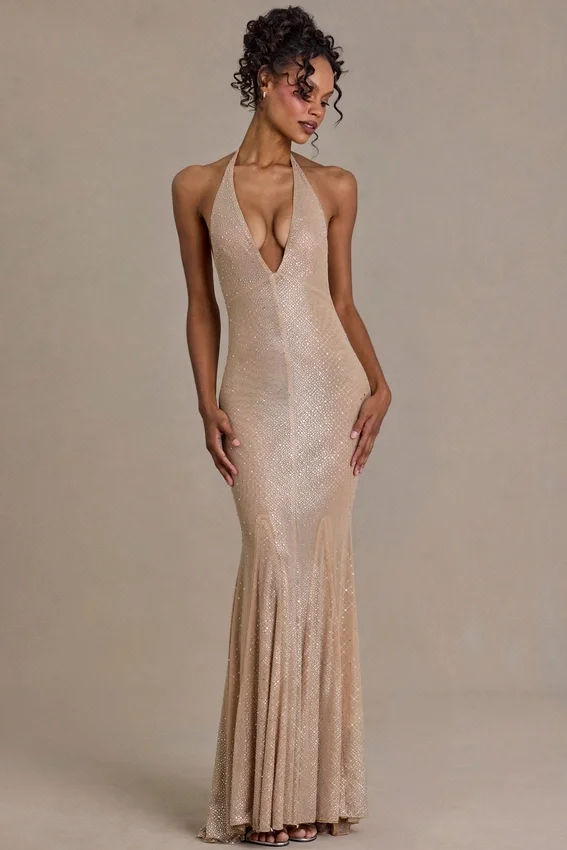 Ameline Premium Embellished Plunge-Neck Open-Back Gown i beige guld Ameline Premium Embellished Plunge-Neck Open-Back Gown i beige guld
