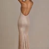 Ameline Premium Embellished Plunge-Neck Open-Back Gown i beige guld Ameline Premium Embellished Plunge-Neck Open-Back Gown i beige guld