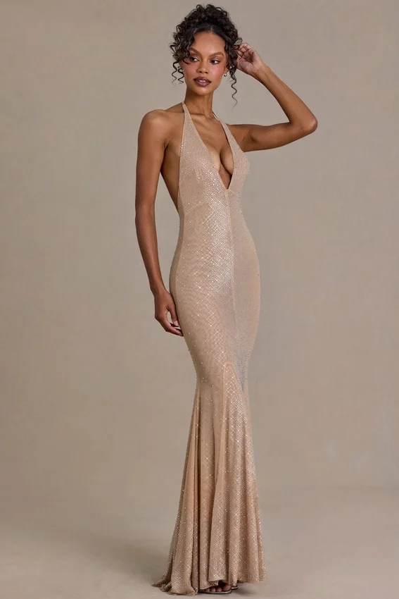 Ameline Premium Embellished Plunge-Neck Open-Back Gown i beige guld Ameline Premium Embellished Plunge-Neck Open-Back Gown i beige guld