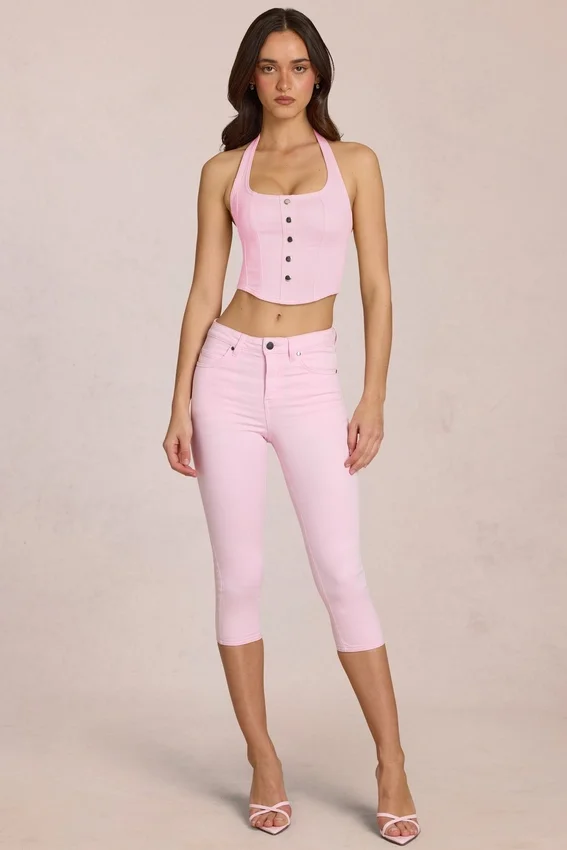 Anessa midjehög caprijeans i blommig rosa Anessa midjehög caprijeans i blommig rosa