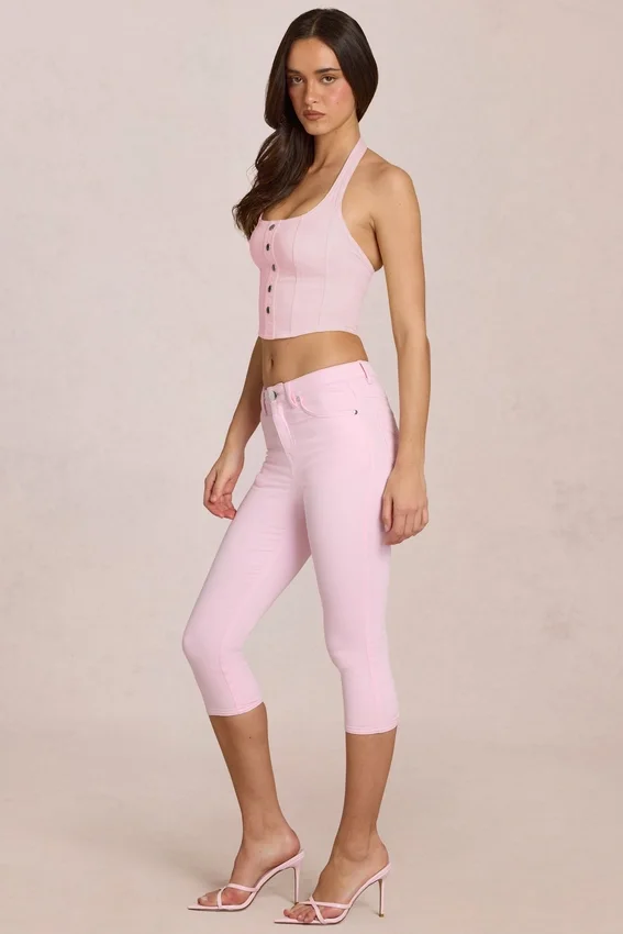 Anessa midjehög caprijeans i blommig rosa Anessa midjehög caprijeans i blommig rosa
