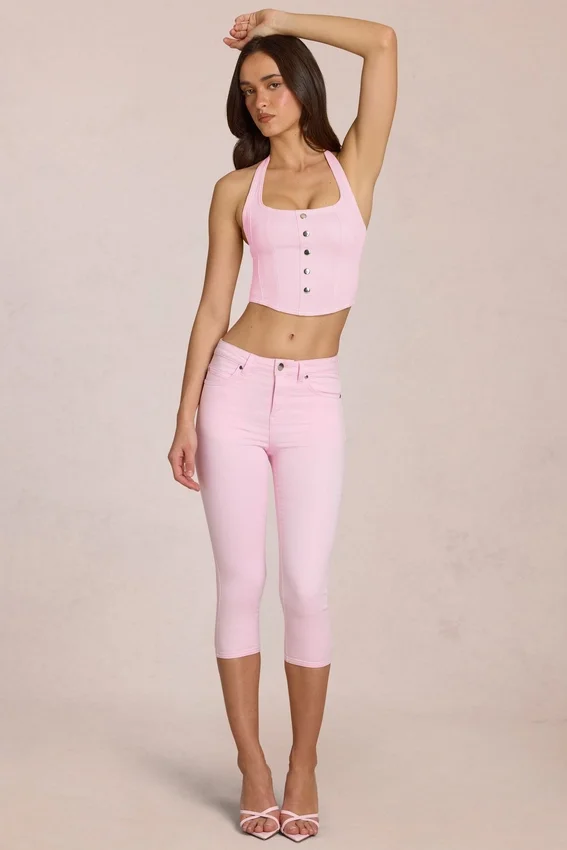Anessa midjehög caprijeans i blommig rosa Anessa midjehög caprijeans i blommig rosa