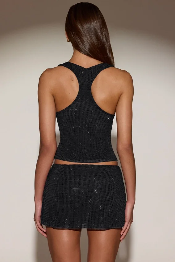 Asta Embellished Mid-Rise A-Line Mini Kjol i svart Asta Embellished Mid-Rise A-Line Mini Kjol i svart
