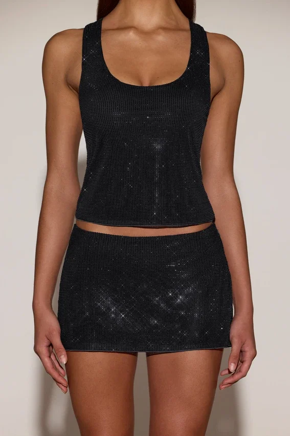 Asta Embellished Mid-Rise A-Line Mini Kjol i svart Asta Embellished Mid-Rise A-Line Mini Kjol i svart