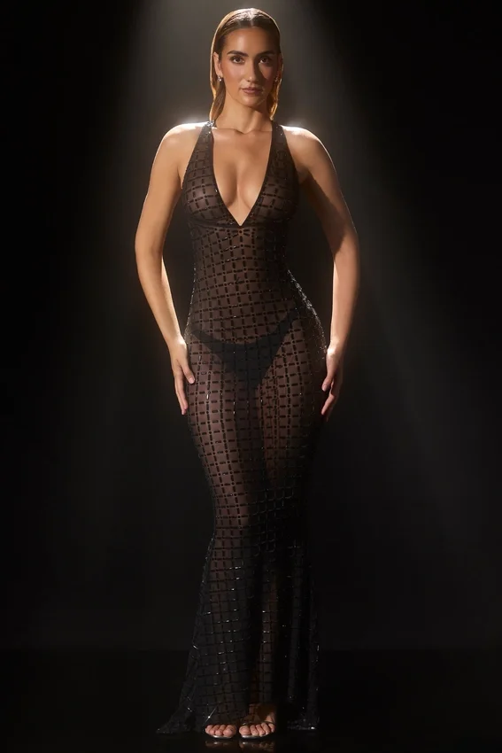 Audrey Embellished Semi-Sheer Halterneck Gown i svart Audrey Embellished Semi-Sheer Halterneck Gown i svart