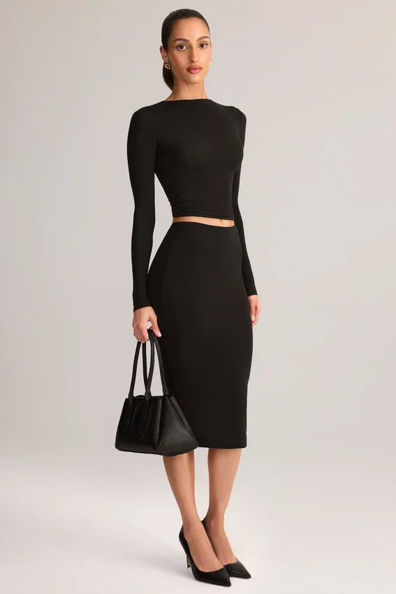 Aven Modal Mid-Rise Pencil Midi Kjol i svart Aven Modal Mid-Rise Pencil Midi Kjol i svart