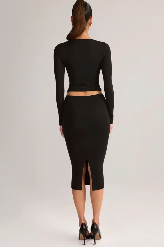 Aven Modal Mid-Rise Pencil Midi Kjol i svart Aven Modal Mid-Rise Pencil Midi Kjol i svart