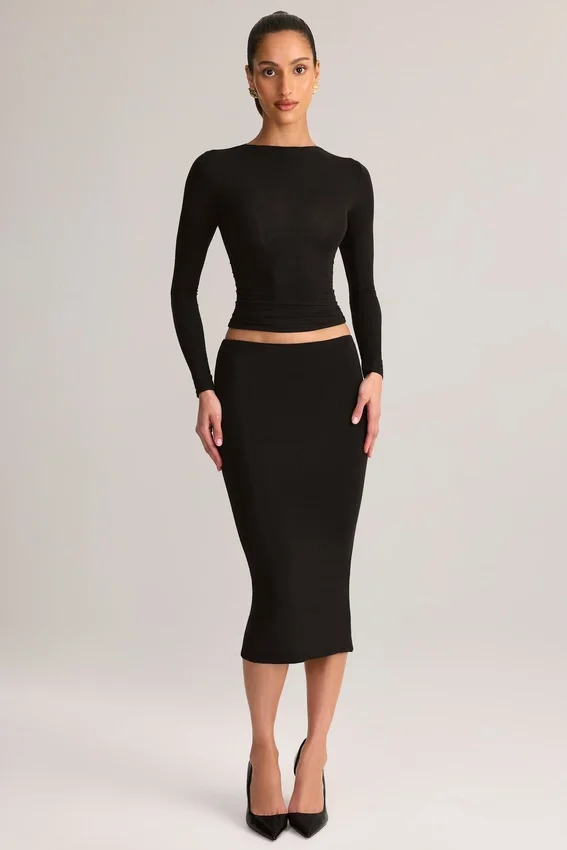 Aven Modal Mid-Rise Pencil Midi Kjol i svart Aven Modal Mid-Rise Pencil Midi Kjol i svart