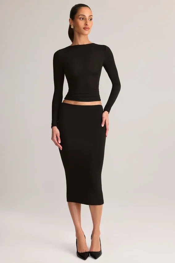 Aven Modal Mid-Rise Pencil Midi Kjol i svart Aven Modal Mid-Rise Pencil Midi Kjol i svart