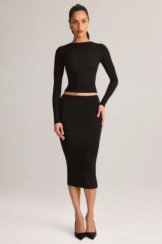 Aven Modal Mid-Rise Pencil Midi Kjol i svart Aven Modal Mid-Rise Pencil Midi Kjol i svart