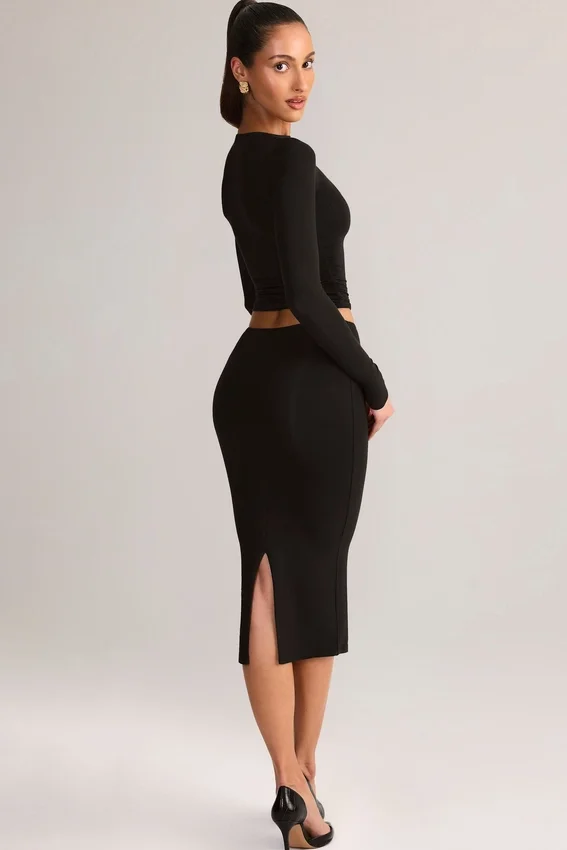 Aven Modal Mid-Rise Pencil Midi Kjol i svart Aven Modal Mid-Rise Pencil Midi Kjol i svart