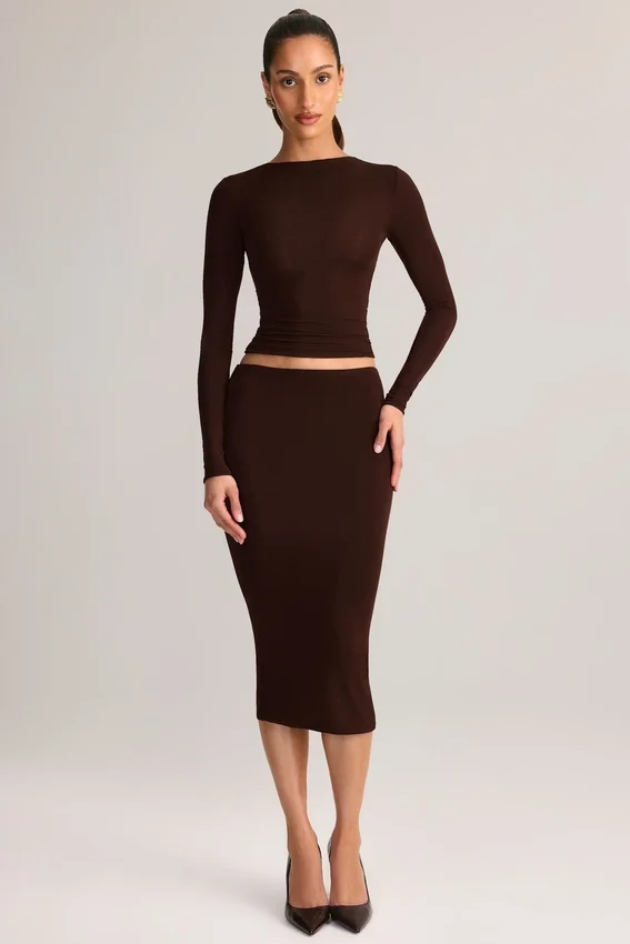 Aven Modal Mid-Rise Pencil Midi Kjolar i chokladbrunt Aven Modal Mid-Rise Pencil Midi Kjolar i chokladbrunt