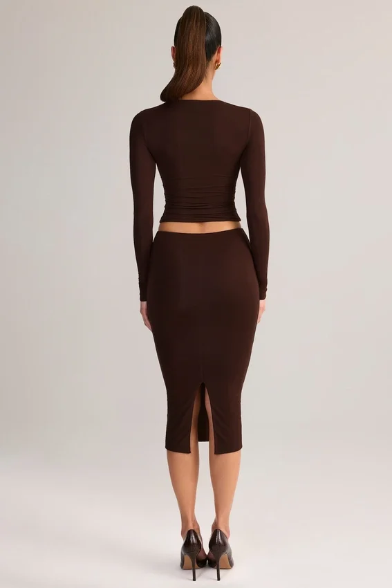 Aven Modal Mid-Rise Pencil Midi Kjolar i chokladbrunt Aven Modal Mid-Rise Pencil Midi Kjolar i chokladbrunt