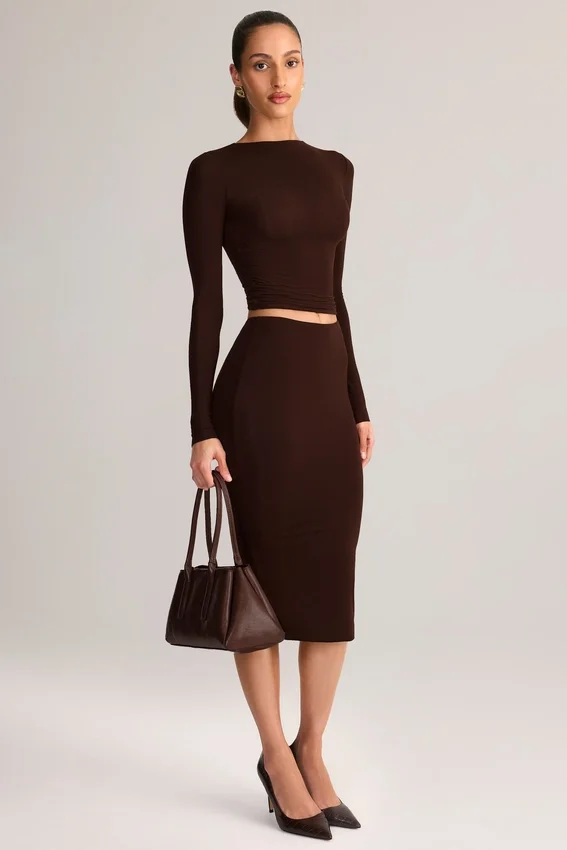 Aven Modal Mid-Rise Pencil Midi Kjolar i chokladbrunt Aven Modal Mid-Rise Pencil Midi Kjolar i chokladbrunt