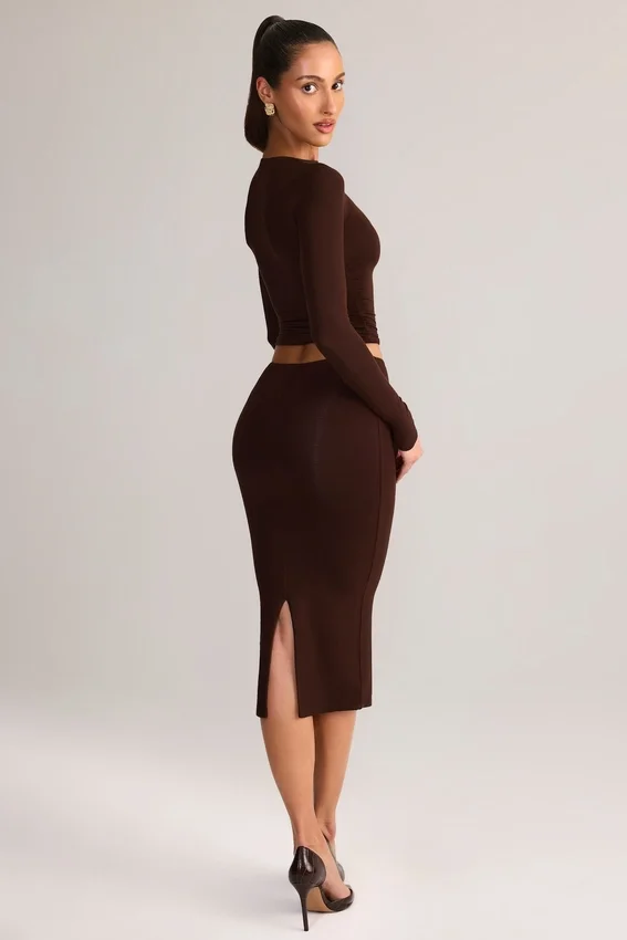 Aven Modal Mid-Rise Pencil Midi Kjolar i chokladbrunt Aven Modal Mid-Rise Pencil Midi Kjolar i chokladbrunt