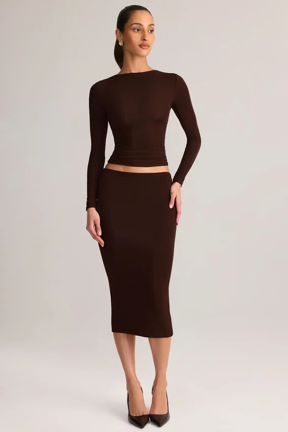 Aven Modal Mid-Rise Pencil Midi Kjolar i chokladbrunt Aven Modal Mid-Rise Pencil Midi Kjolar i chokladbrunt