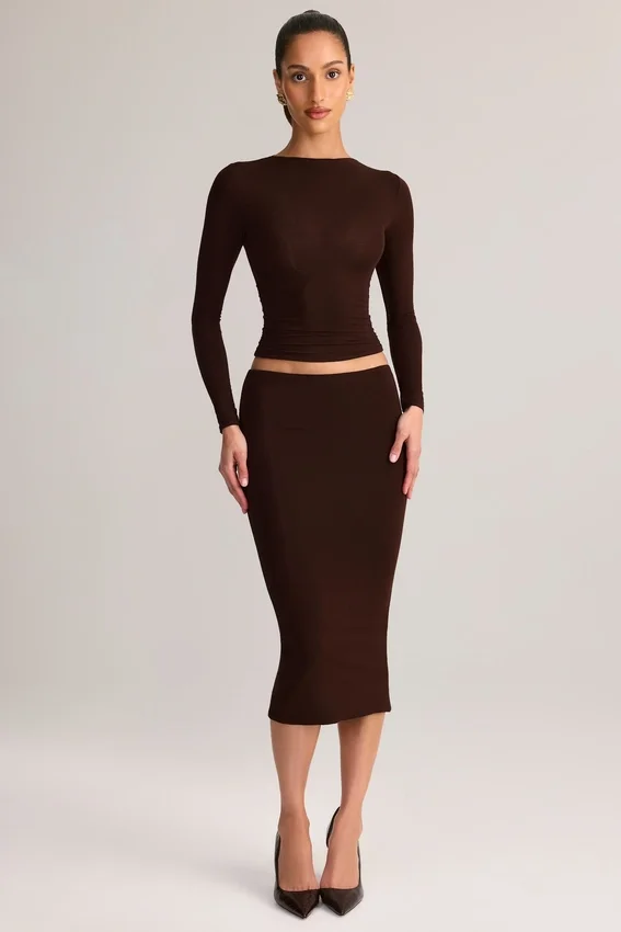 Aven Modal Mid-Rise Pencil Midi Kjolar i chokladbrunt Aven Modal Mid-Rise Pencil Midi Kjolar i chokladbrunt