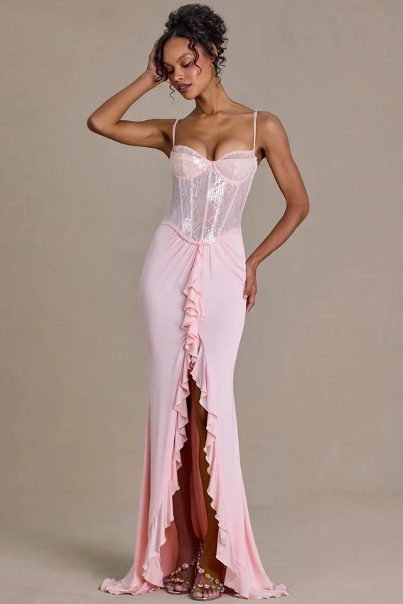 Beatrix Premium Embellished Lace Corset Gown i Baby Pink Beatrix Premium Embellished Lace Corset Gown i Baby Pink