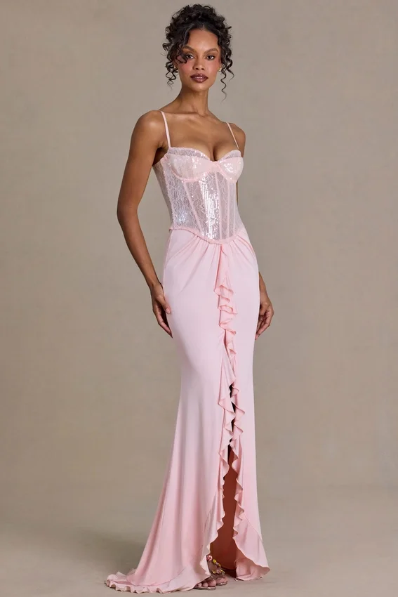 Beatrix Premium Embellished Lace Corset Gown i Baby Pink Beatrix Premium Embellished Lace Corset Gown i Baby Pink