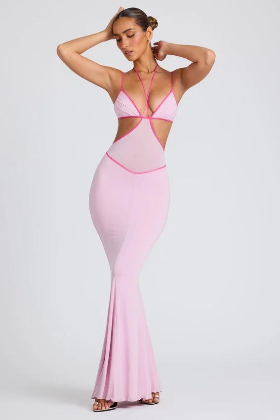 Bella Contrast Binding Cut Out Evening Gown i mjukrosa Bella Contrast Binding Cut Out Evening Gown i mjukrosa