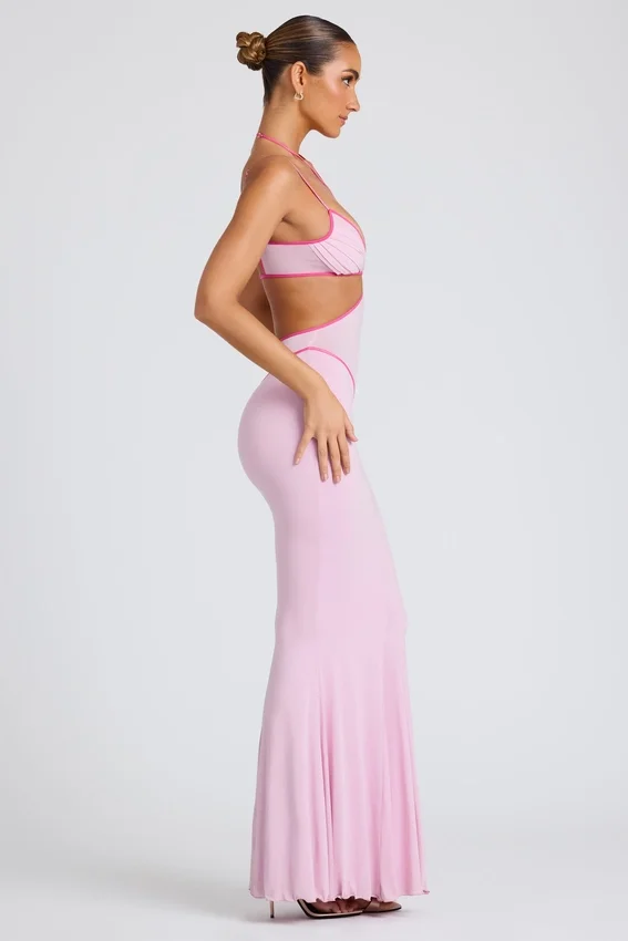 Bella Contrast Binding Cut Out Evening Gown i mjukrosa Bella Contrast Binding Cut Out Evening Gown i mjukrosa