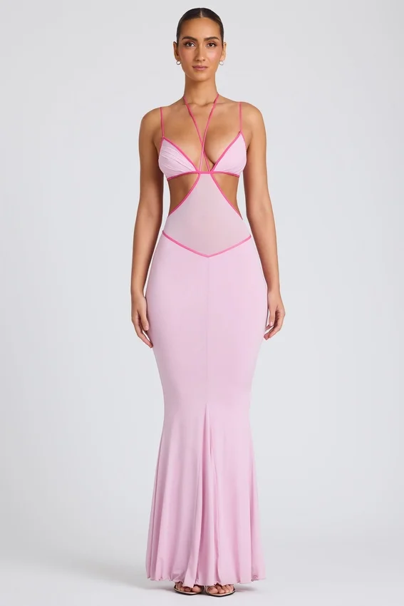 Bella Contrast Binding Cut Out Evening Gown i mjukrosa Bella Contrast Binding Cut Out Evening Gown i mjukrosa