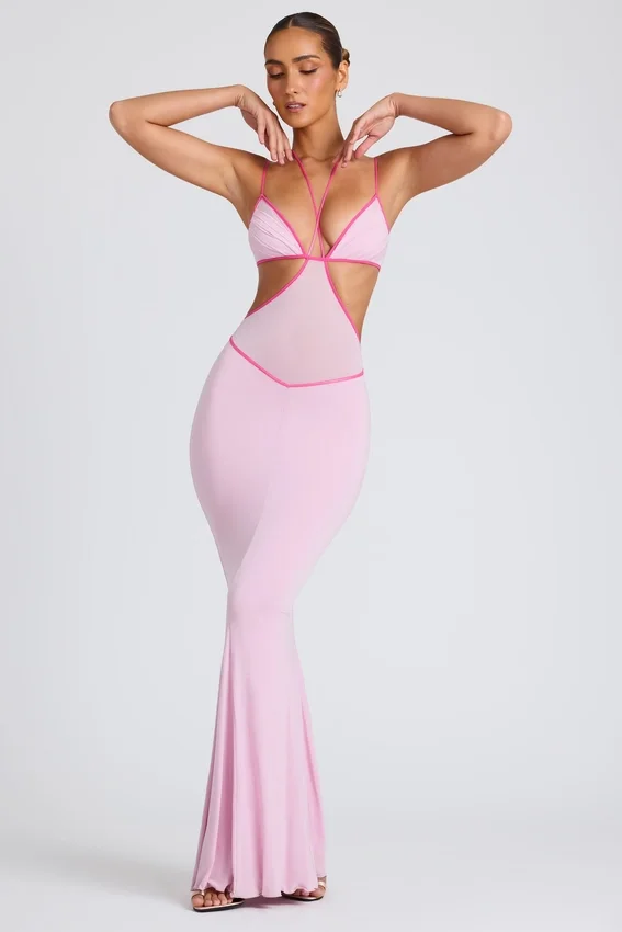 Bella Contrast Binding Cut Out Evening Gown i mjukrosa Bella Contrast Binding Cut Out Evening Gown i mjukrosa