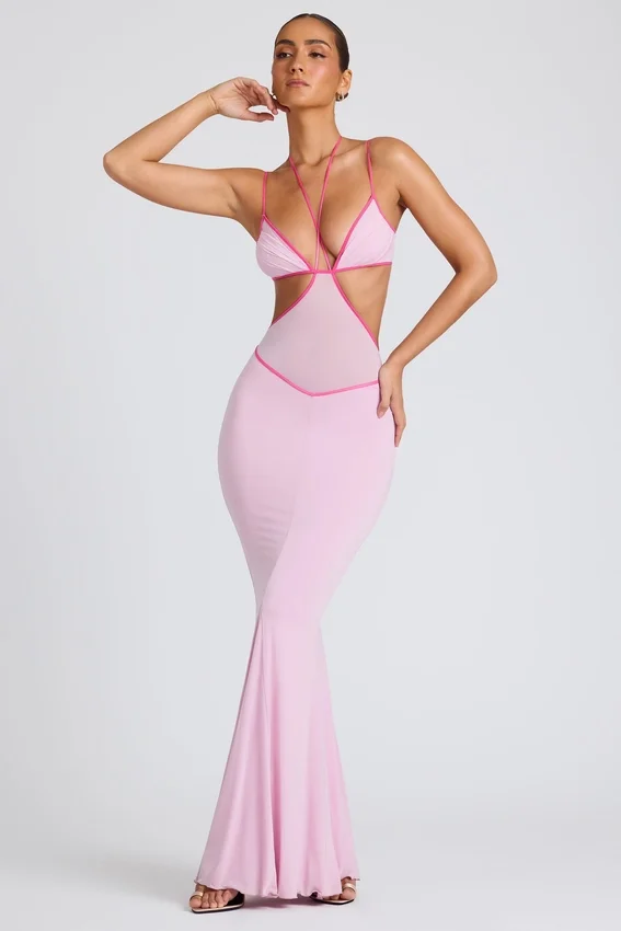 Bella Contrast Binding Cut Out Evening Gown i mjukrosa Bella Contrast Binding Cut Out Evening Gown i mjukrosa