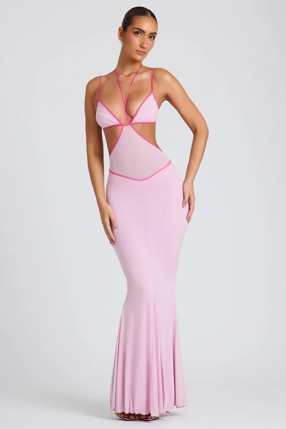 Bella Contrast Binding Cut Out Evening Gown i mjukrosa Bella Contrast Binding Cut Out Evening Gown i mjukrosa
