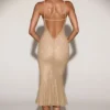 Bellara Metallic Lace Plunge-Neck Backless Midaxi Klänning i guld Bellara Metallic Lace Plunge-Neck Backless Midaxi Klänning i guld