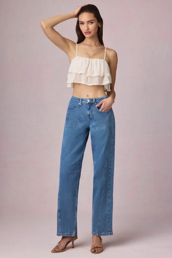 Bobbi Mid-Rise Barrel-Leg Jeans i mellblå tvätt Bobbi Mid-Rise Barrel-Leg Jeans i mellblå tvätt