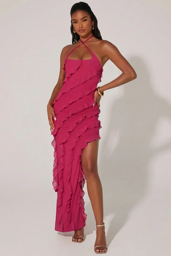 Calico Cross Strap Ruffle Floor Length Klänning i fuchsia Calico Cross Strap Ruffle Floor Length Klänning i fuchsia