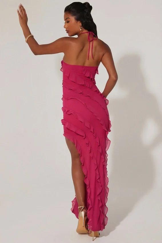 Calico Cross Strap Ruffle Floor Length Klänning i fuchsia Calico Cross Strap Ruffle Floor Length Klänning i fuchsia