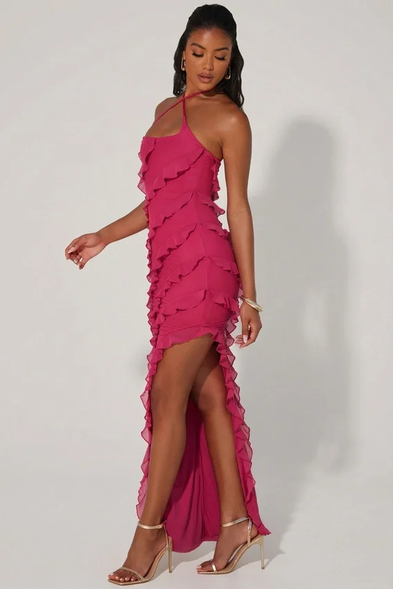 Calico Cross Strap Ruffle Floor Length Klänning i fuchsia Calico Cross Strap Ruffle Floor Length Klänning i fuchsia