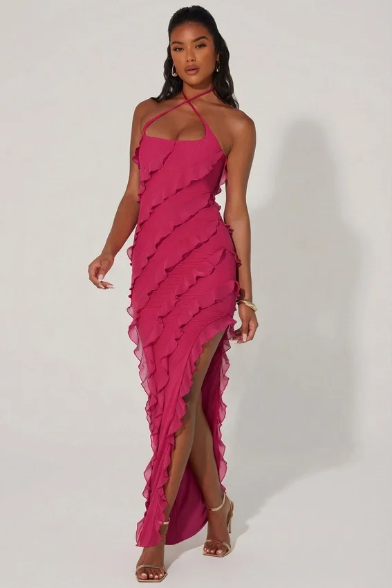 Calico Cross Strap Ruffle Floor Length Klänning i fuchsia Calico Cross Strap Ruffle Floor Length Klänning i fuchsia