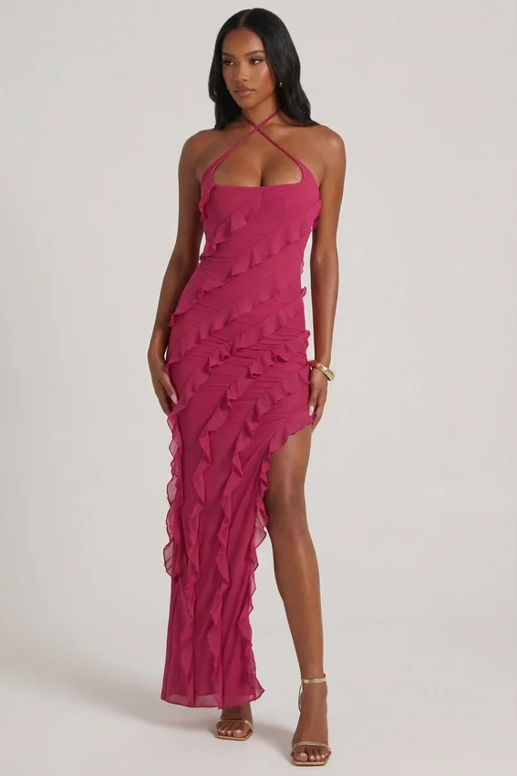 Calico Cross Strap Ruffle Floor Length Klänning i fuchsia Calico Cross Strap Ruffle Floor Length Klänning i fuchsia